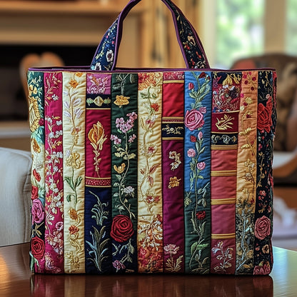 Embroidery Floral Stripes Quilted Tote