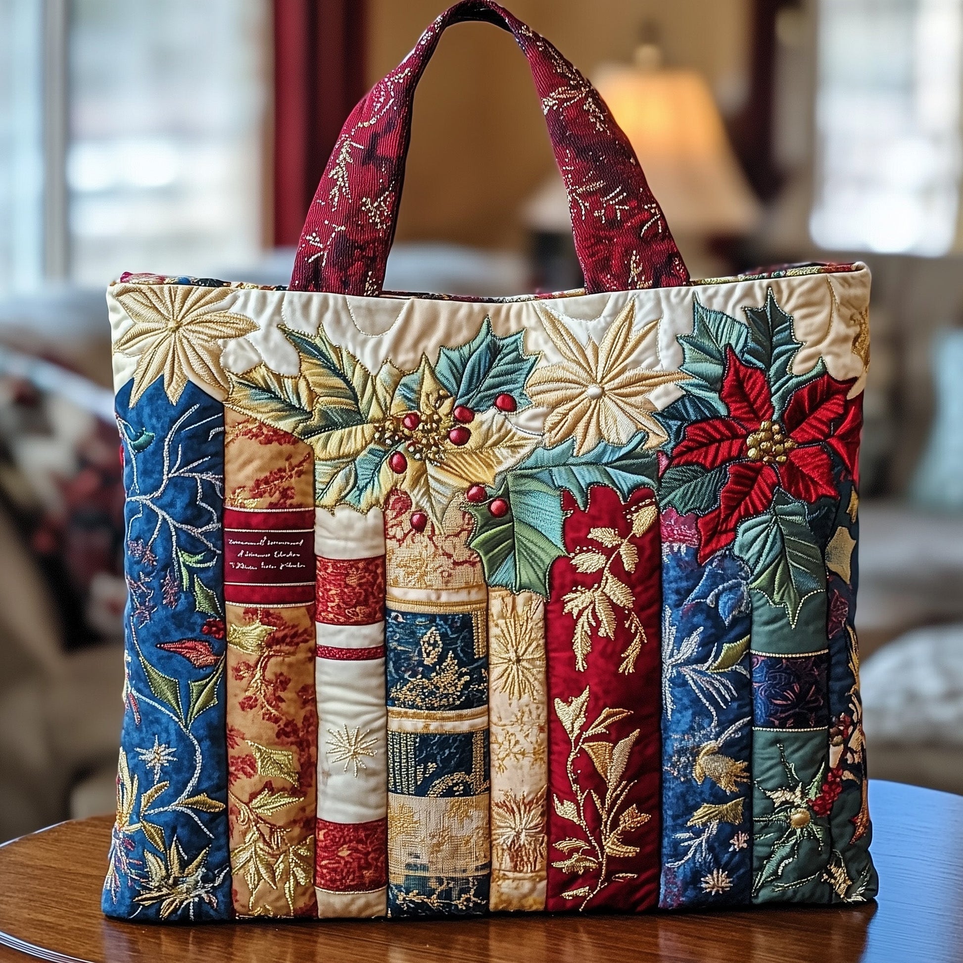 Stacked Books Leaves Quilted Tote