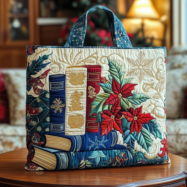 Stacked Books Holiday Leaves Quilted Tote