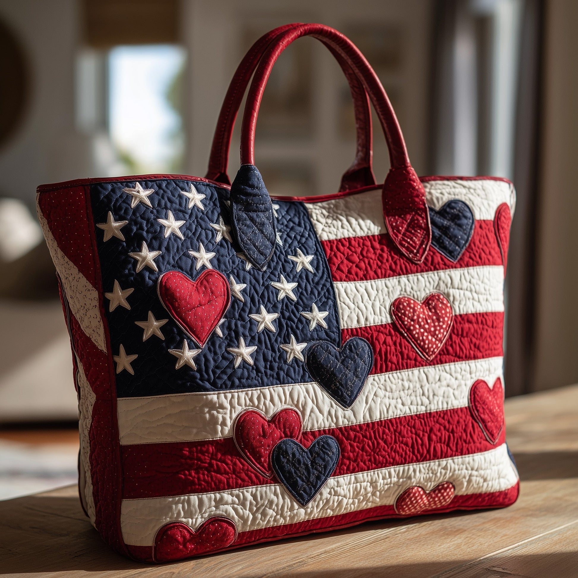 Patriotic Hearts Stars Quilted Tote