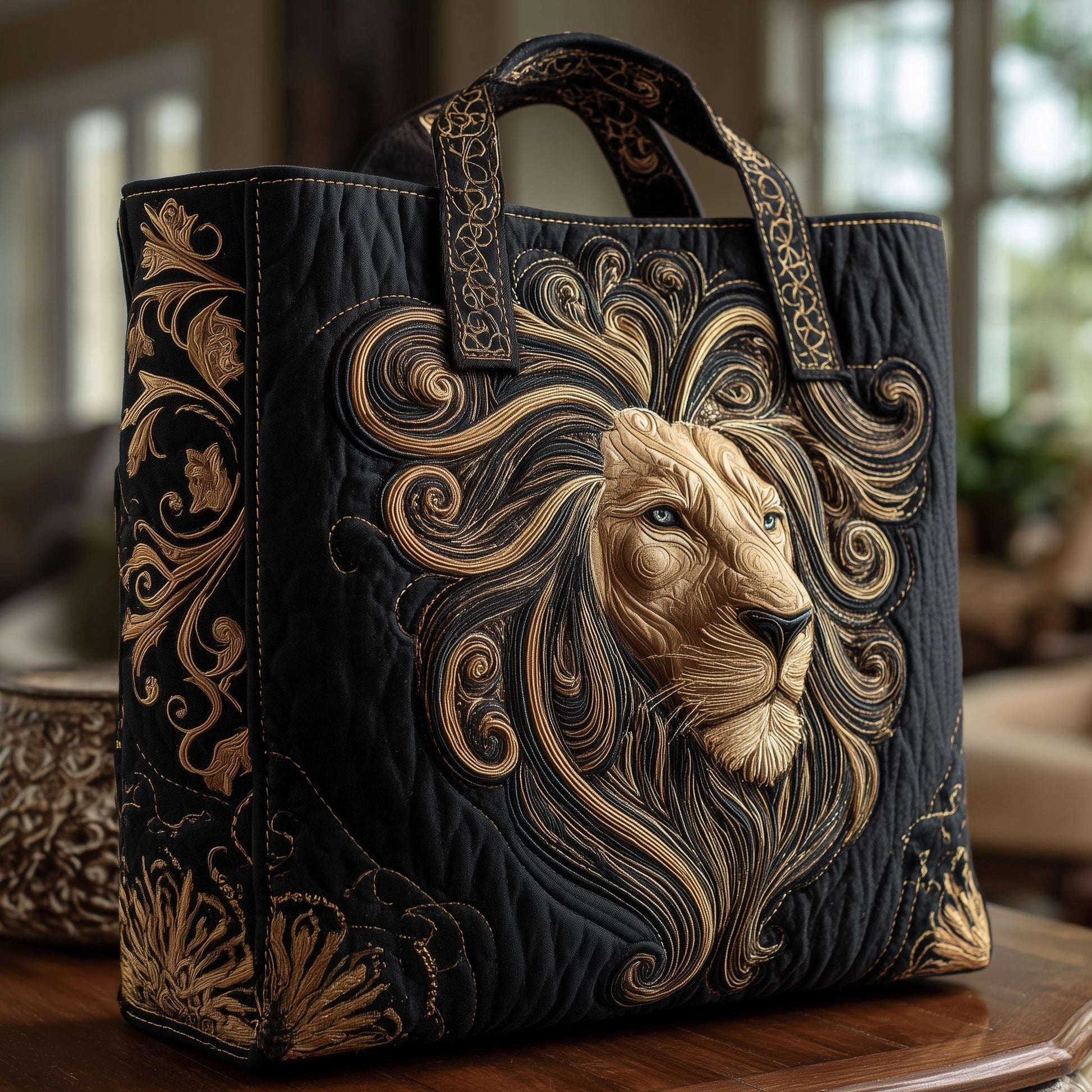 Majestic Lion Embroidery Quilted Tote