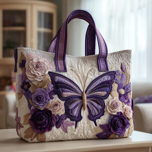 Purple Butterfly Floral Tote Bag
