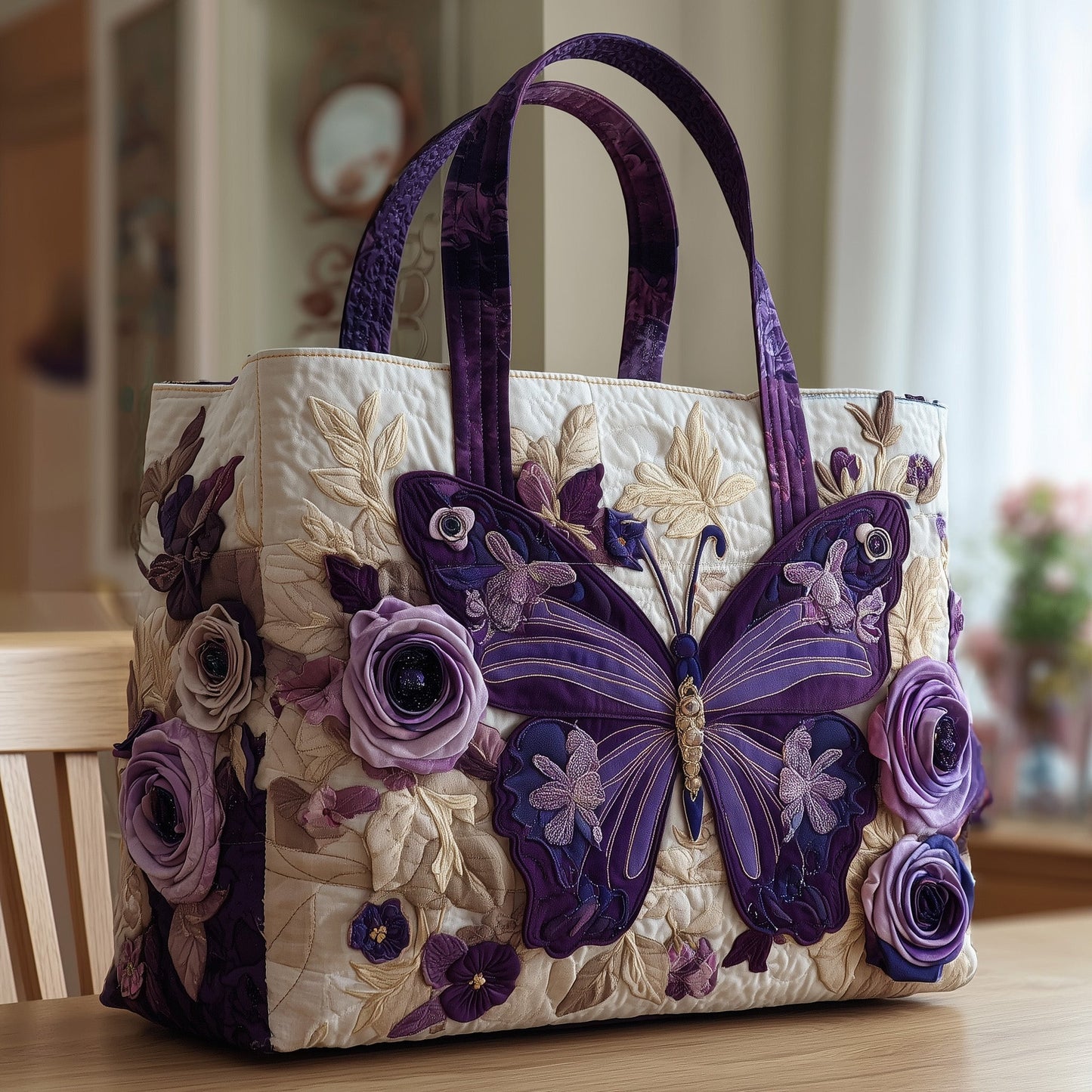 Purple Butterfly Floral Quilted Tote