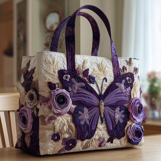 Purple Butterfly Floral Quilted Tote