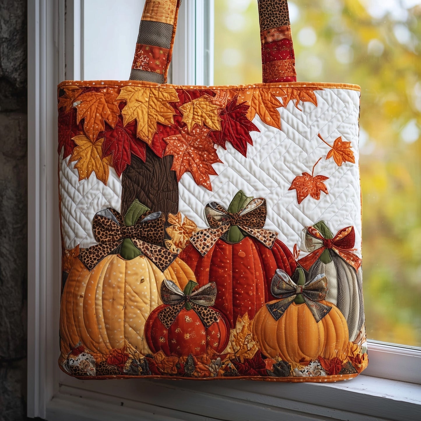 Pumpkins Fall Leaves Quilted Tote