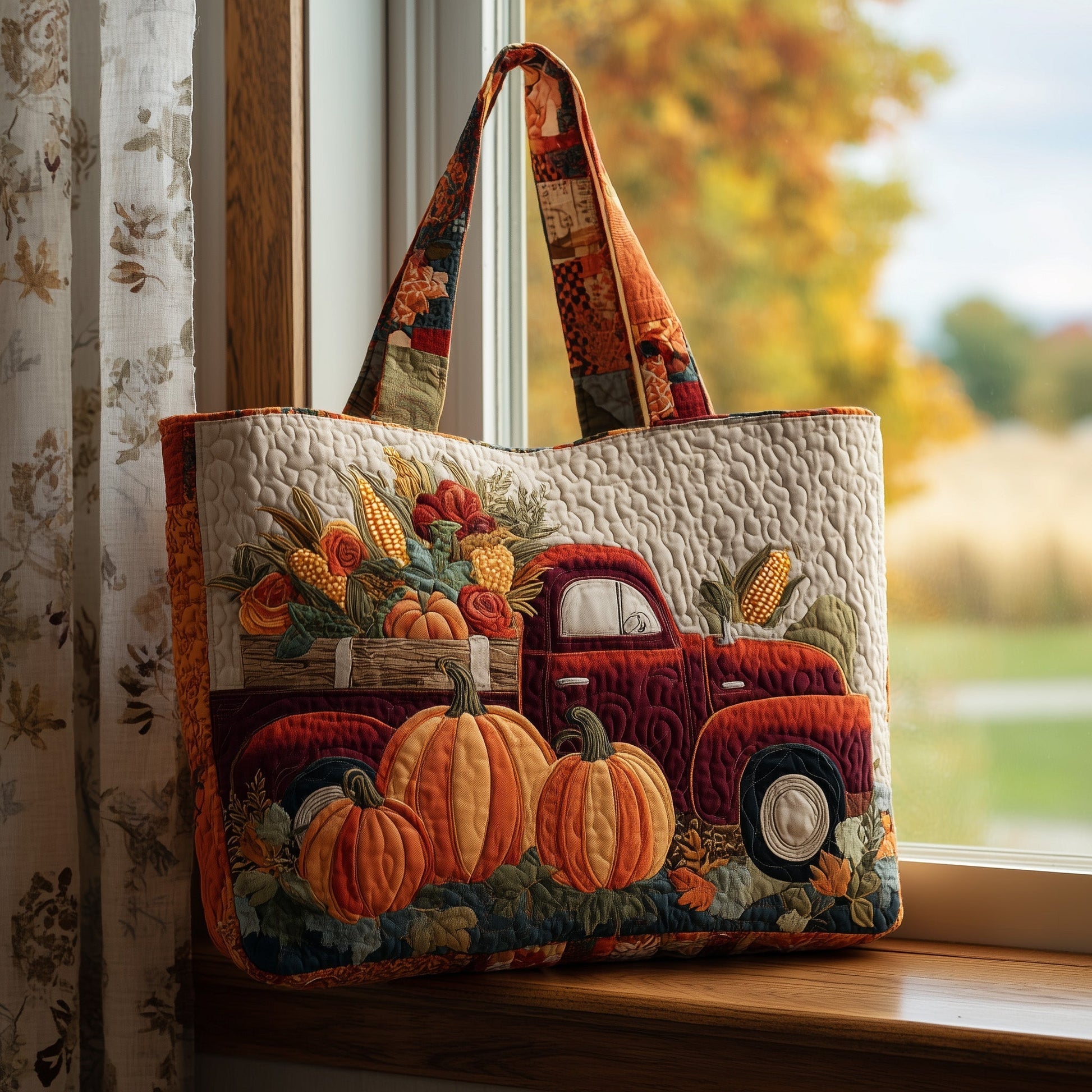 Fall Truck Pumpkin Quilted Tote