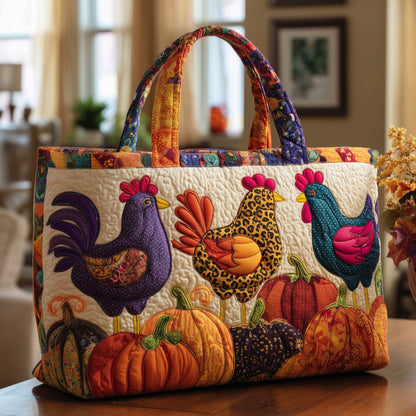 Colorful Chickens Pumpkins Quilted Tote