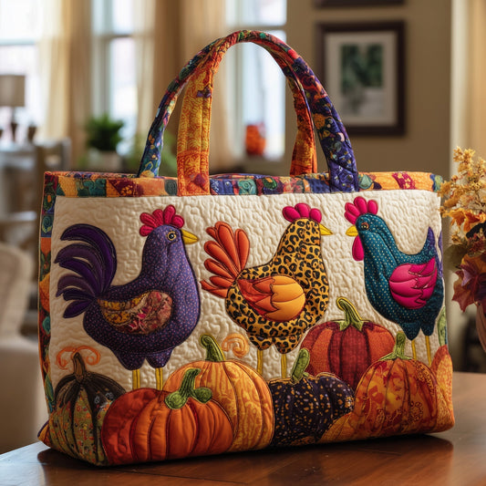 Colorful Chickens Pumpkins Quilted Tote