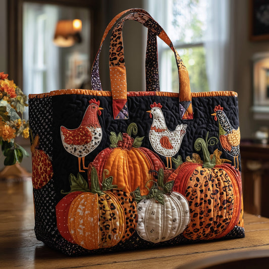 Chickens Pumpkins Autumn Quilted Tote
