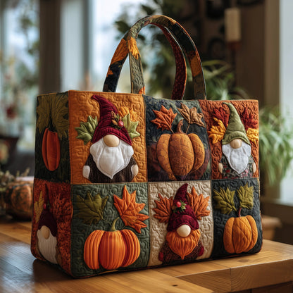 Gnomes Pumpkins Autumn Leaves Quilted Tote