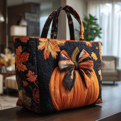 Pumpkin Bow Autumn Leaves Quilted Tote