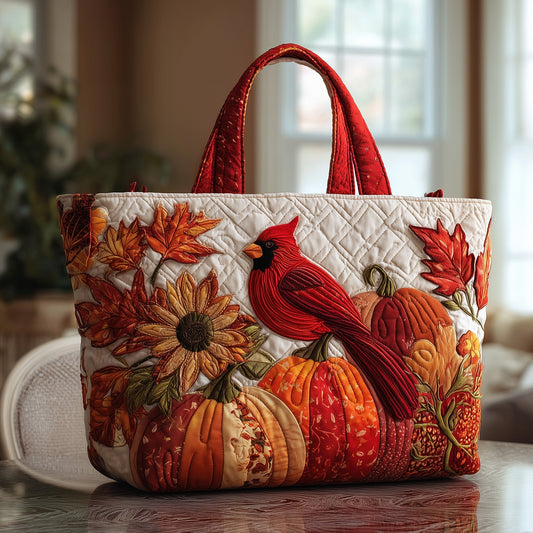 Cardinal Bird Fall Leaves Quilted Tote