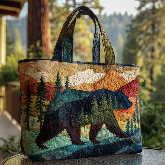 Bear In Forest Landscape Quilted Tote
