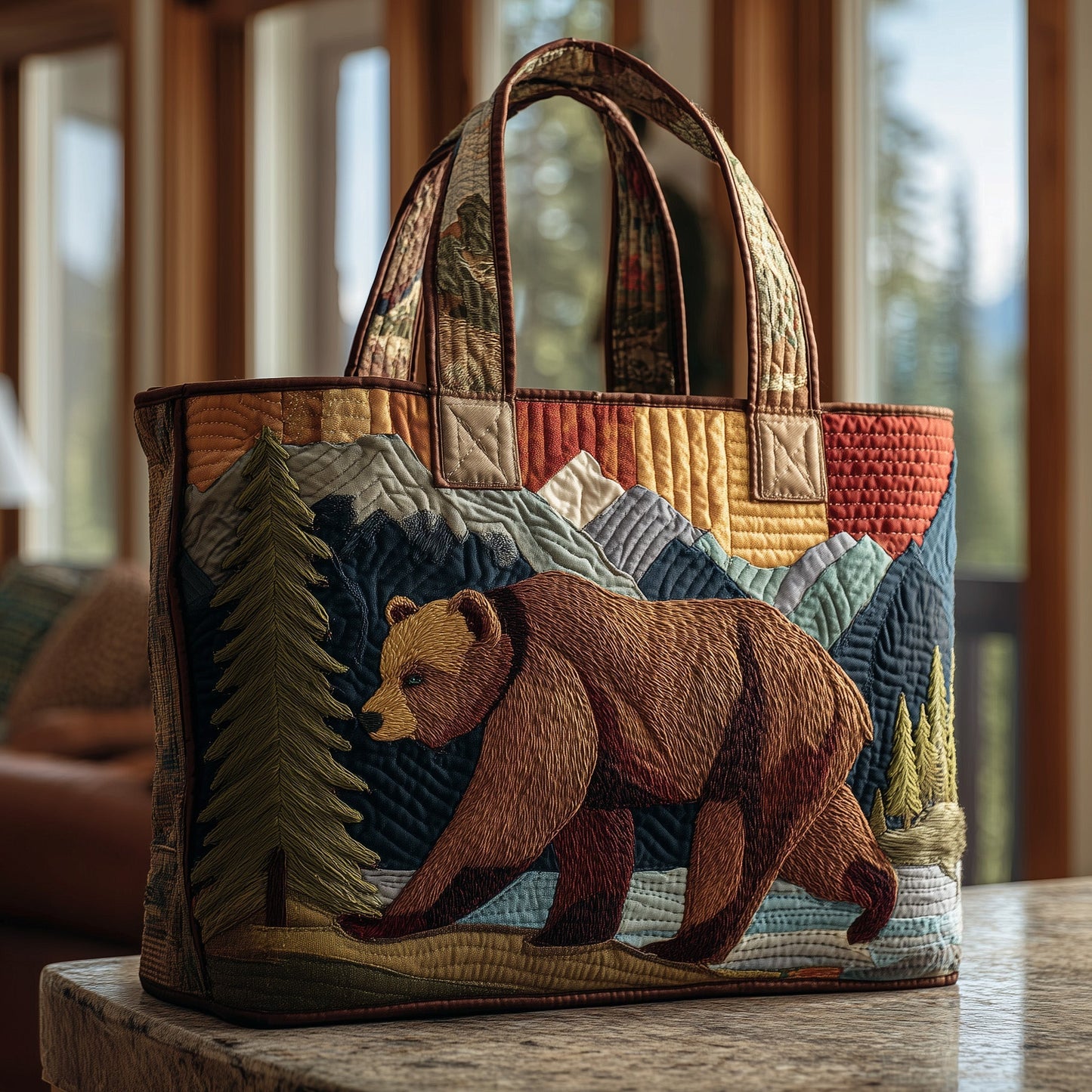Bear In Forest Scene Quilted Tote