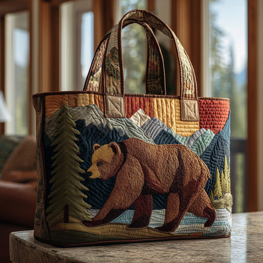 Bear In Forest Scene Quilted Tote
