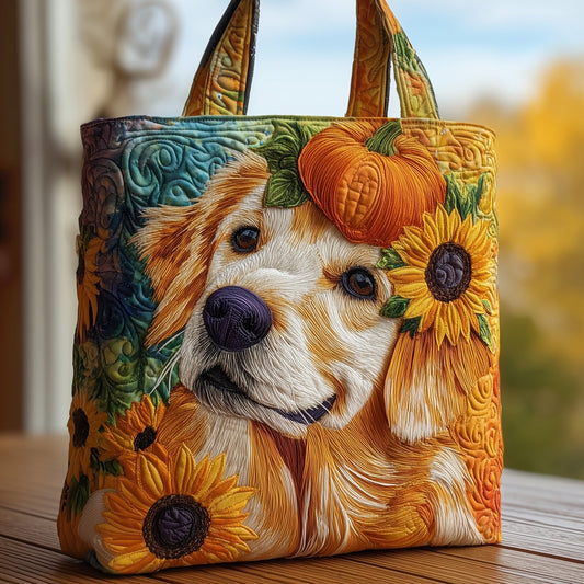 Golden Retriever Pumpkin Sunflowers Quilted Tote
