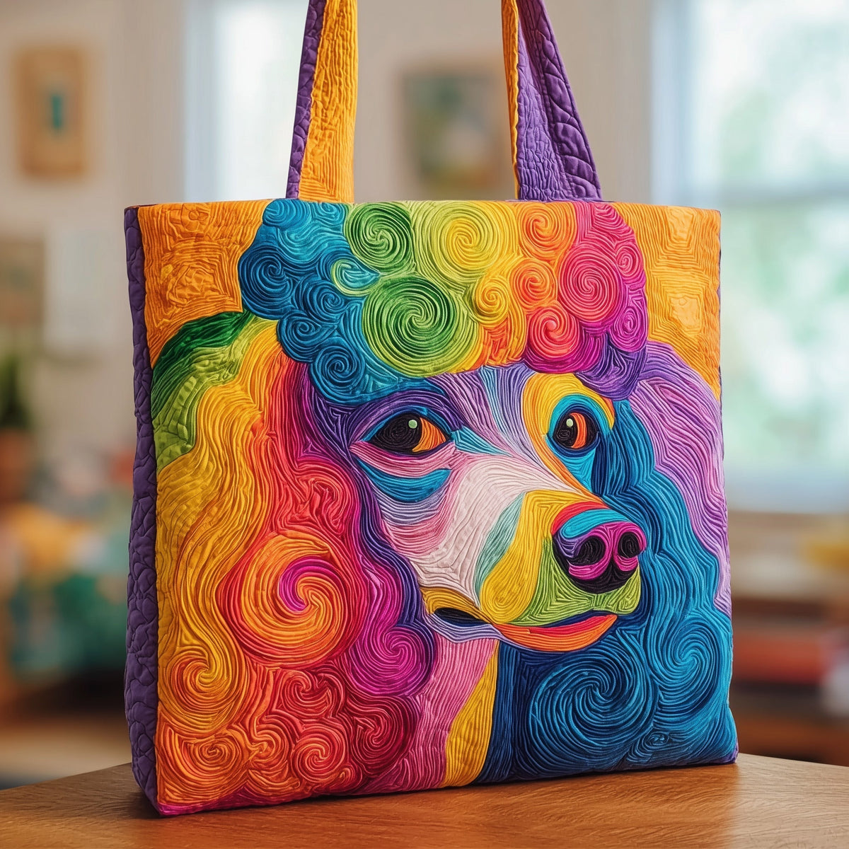 Rainbow Poodle Portrait Quilted Tote