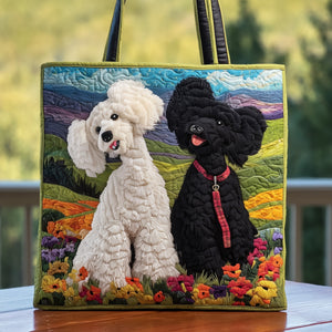 Two Poodles In Garden Quilted Tote