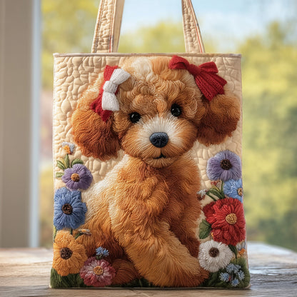Poodle Dog Flowers Quilted Tote