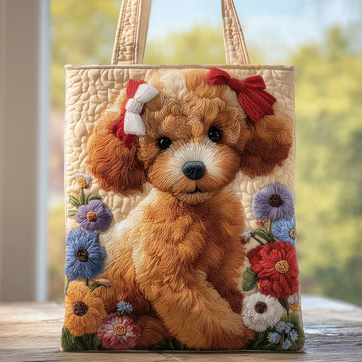 Poodle Dog Flowers Quilted Tote