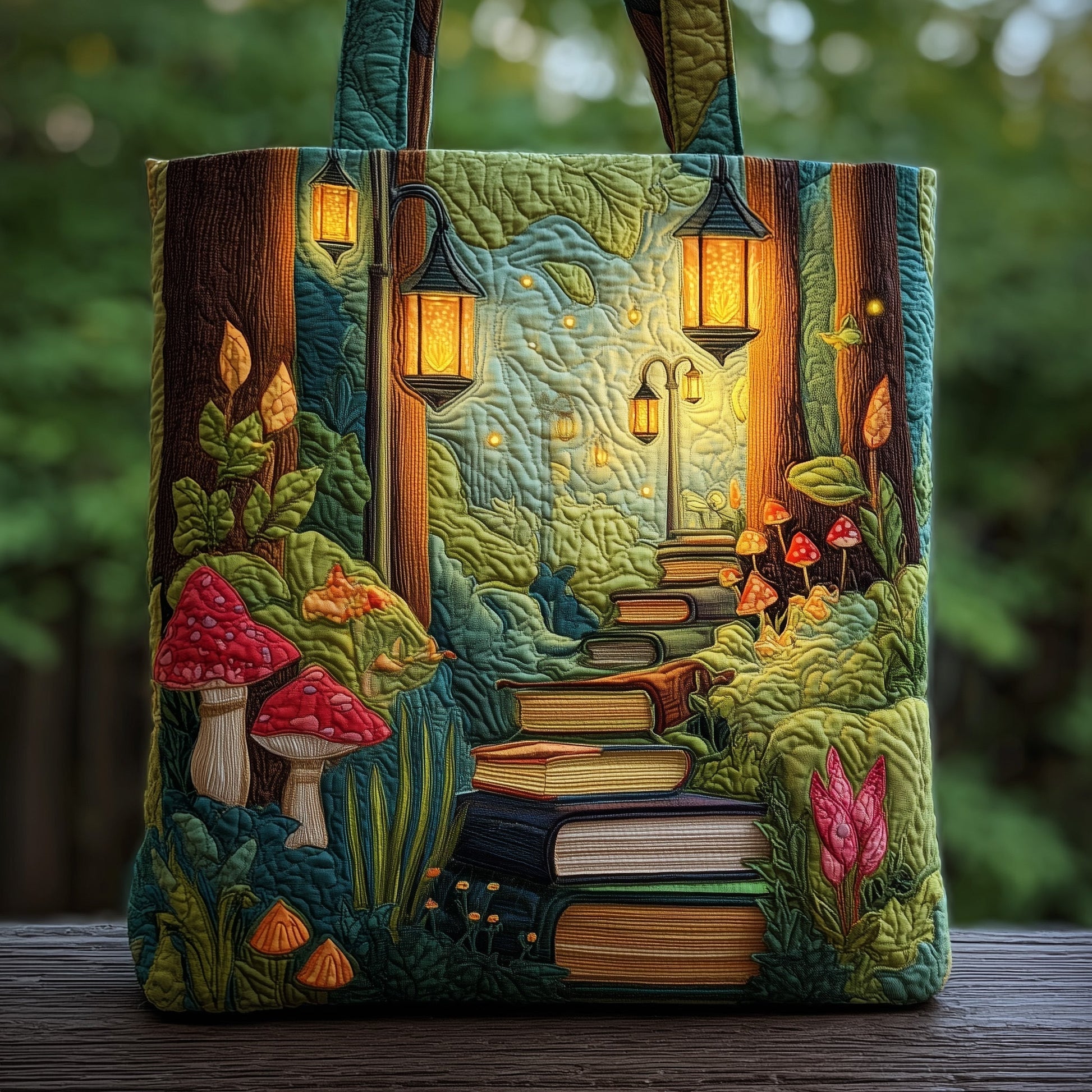 Stacked Books Lanterns Quilted Tote