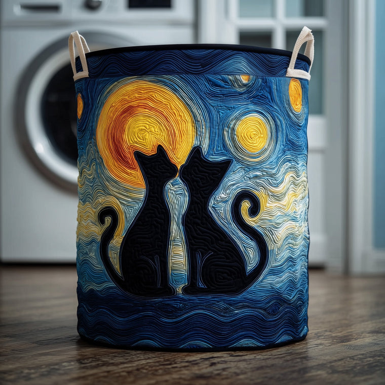 The Starry Night Cat Couple Quilted Laundry Tote