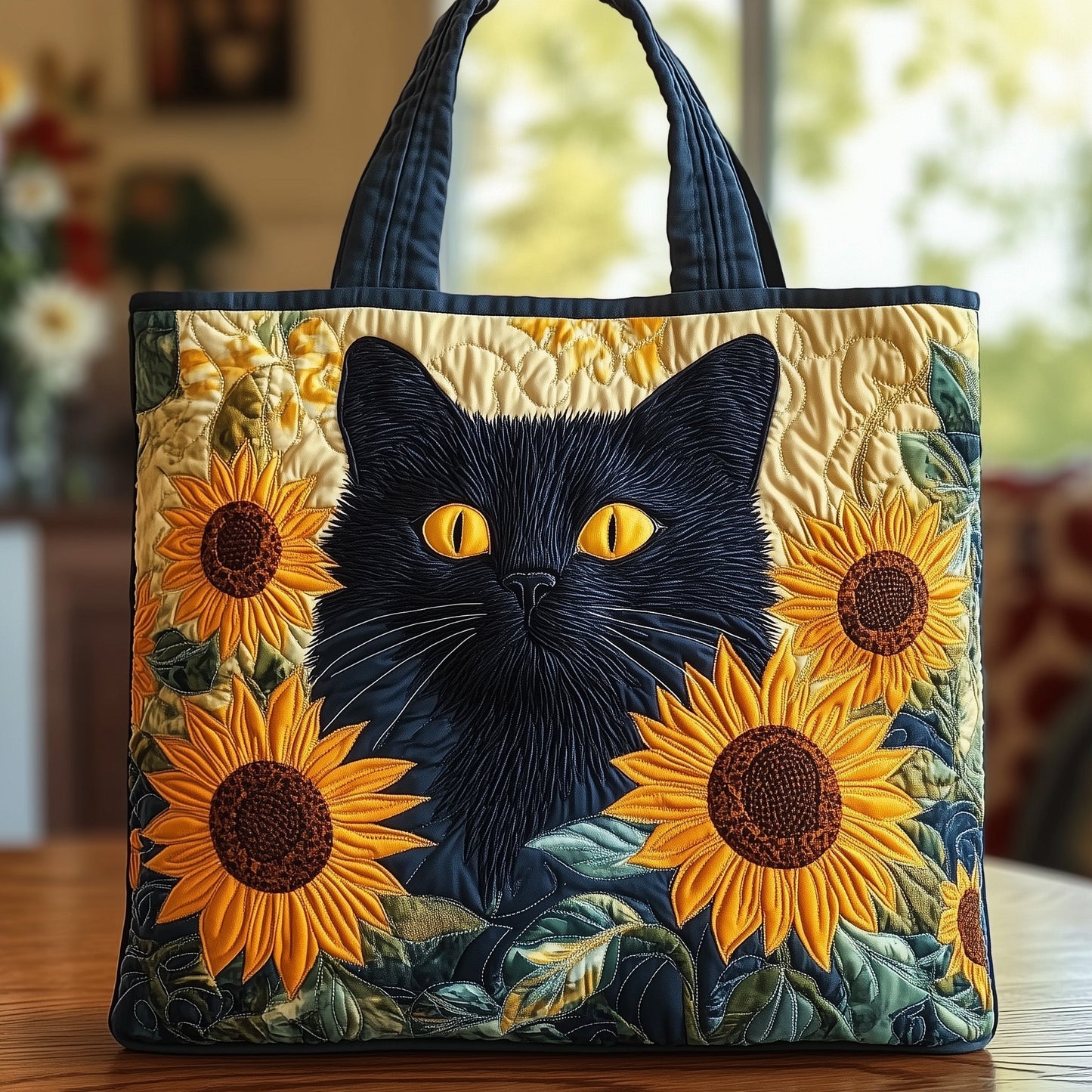 Black Cat Sunflowers Quilted Tote