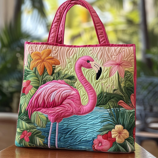 Flamingo Tropical Flowers Quilted Tote