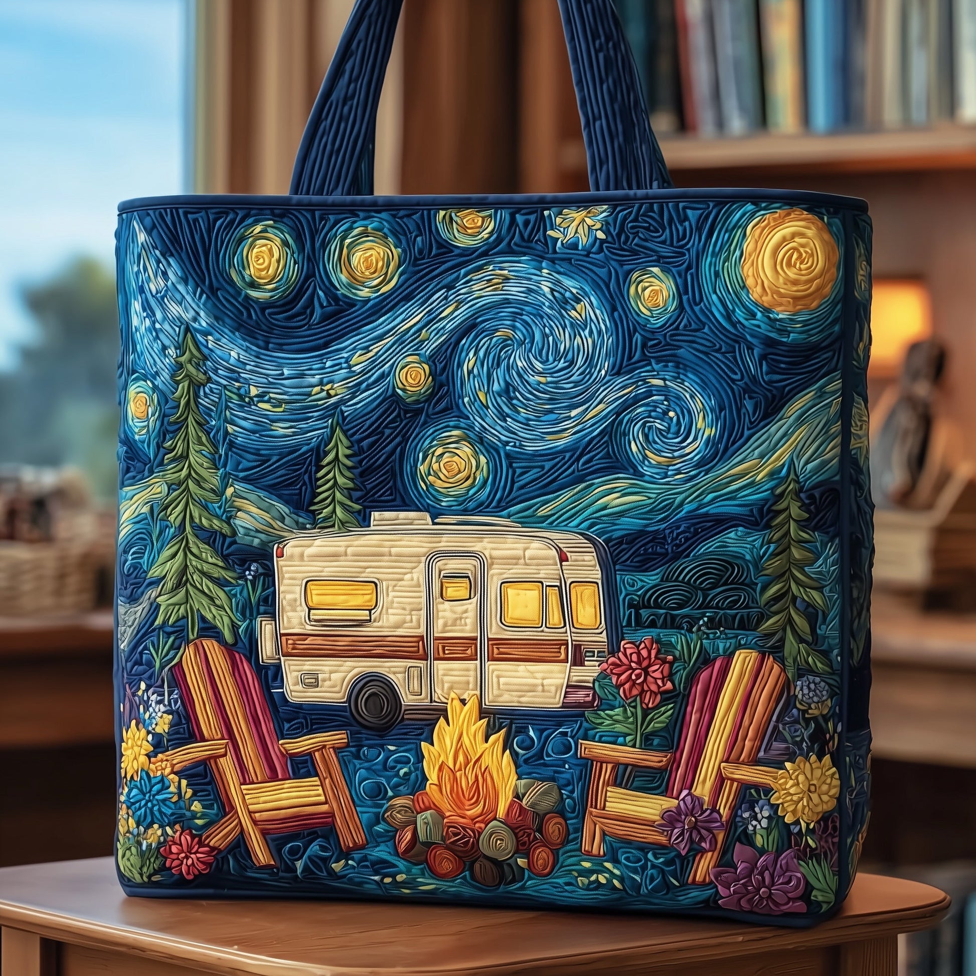 Starry Night Camping Quilted Tote