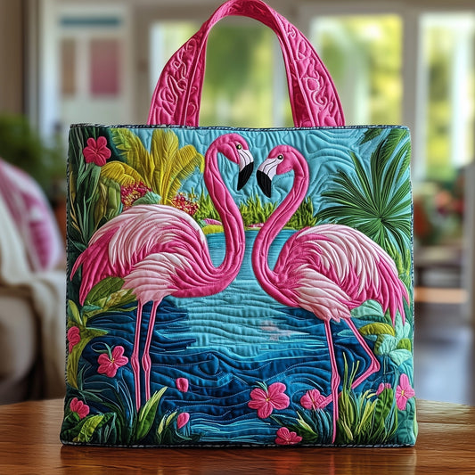 Flamingos Tropical Plants Quilted Tote