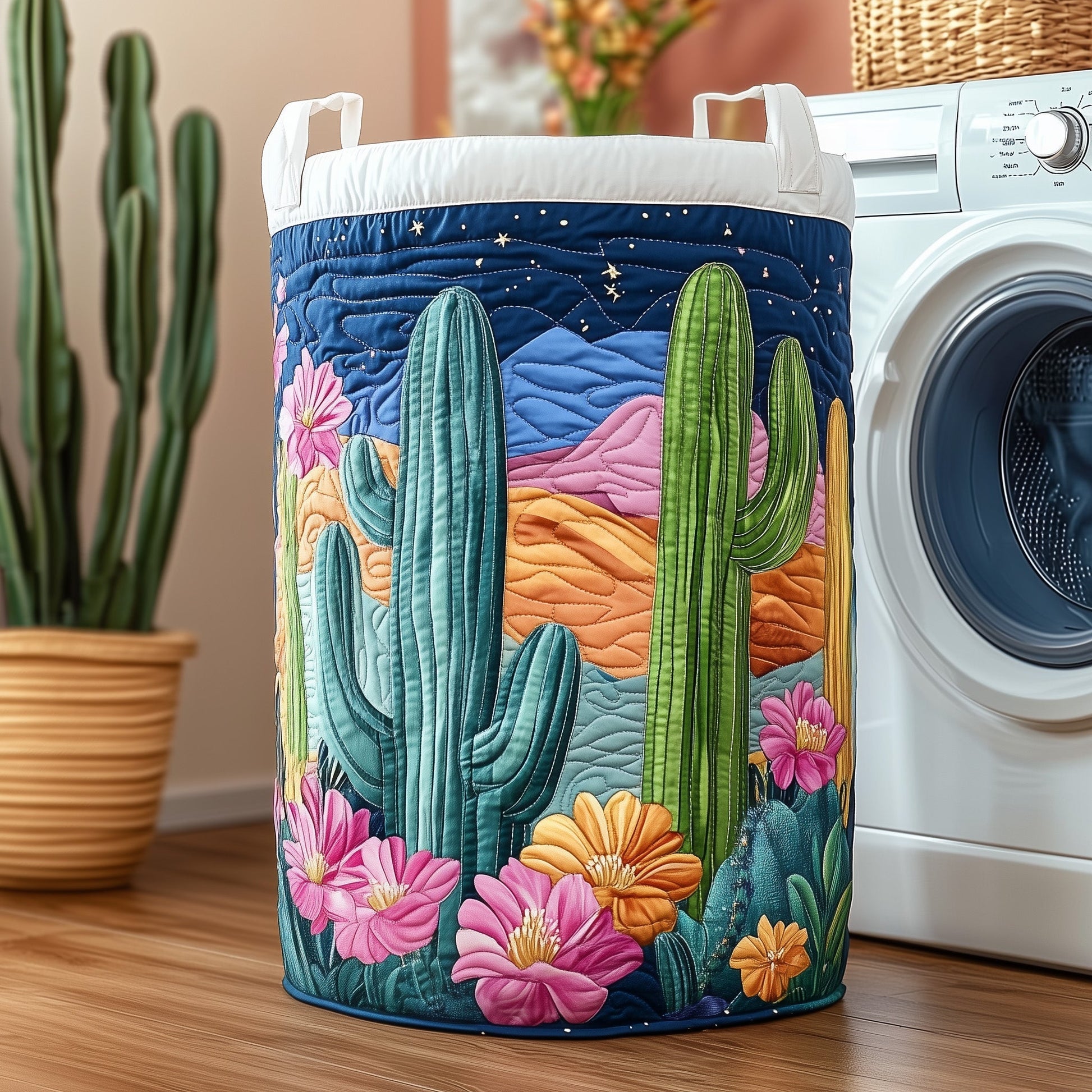 The Cactus At Night Quilted Laundry Basket Tote