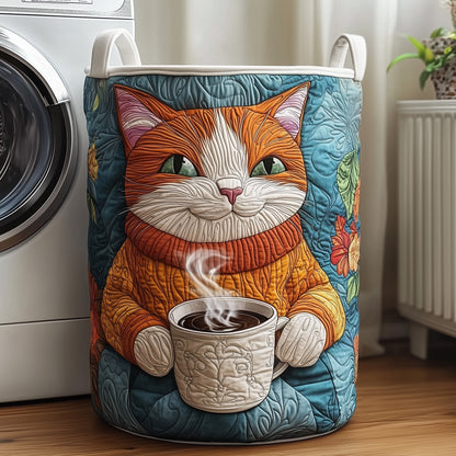 The Cat With Coffee Quilted Laundry Basket Tote