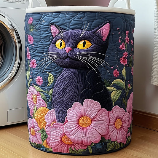The Floral Black Cat Quilted Laundry Basket Tote