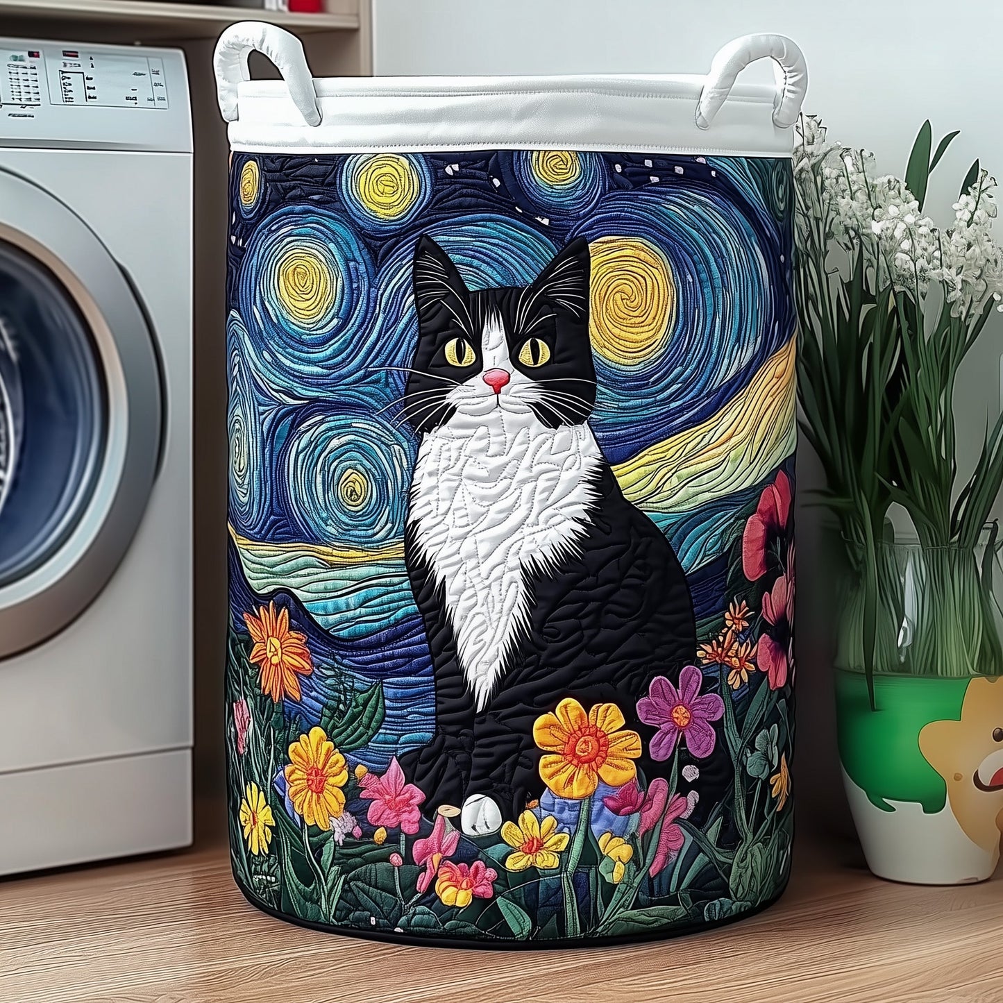 The Cat Under Starry Night Quilted Laundry Tote