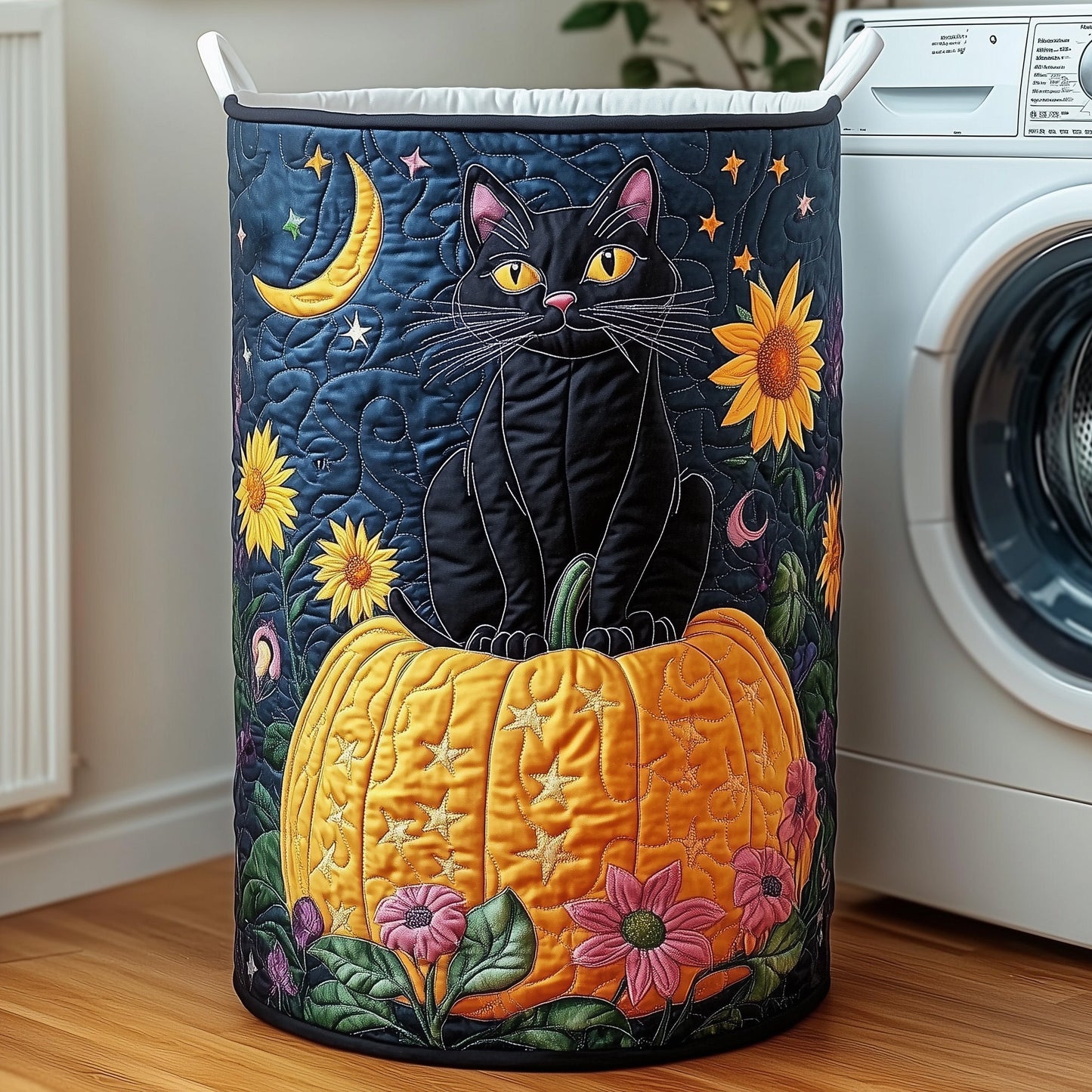The Cat With Pumpkin Quilted Laundry Basket Tote