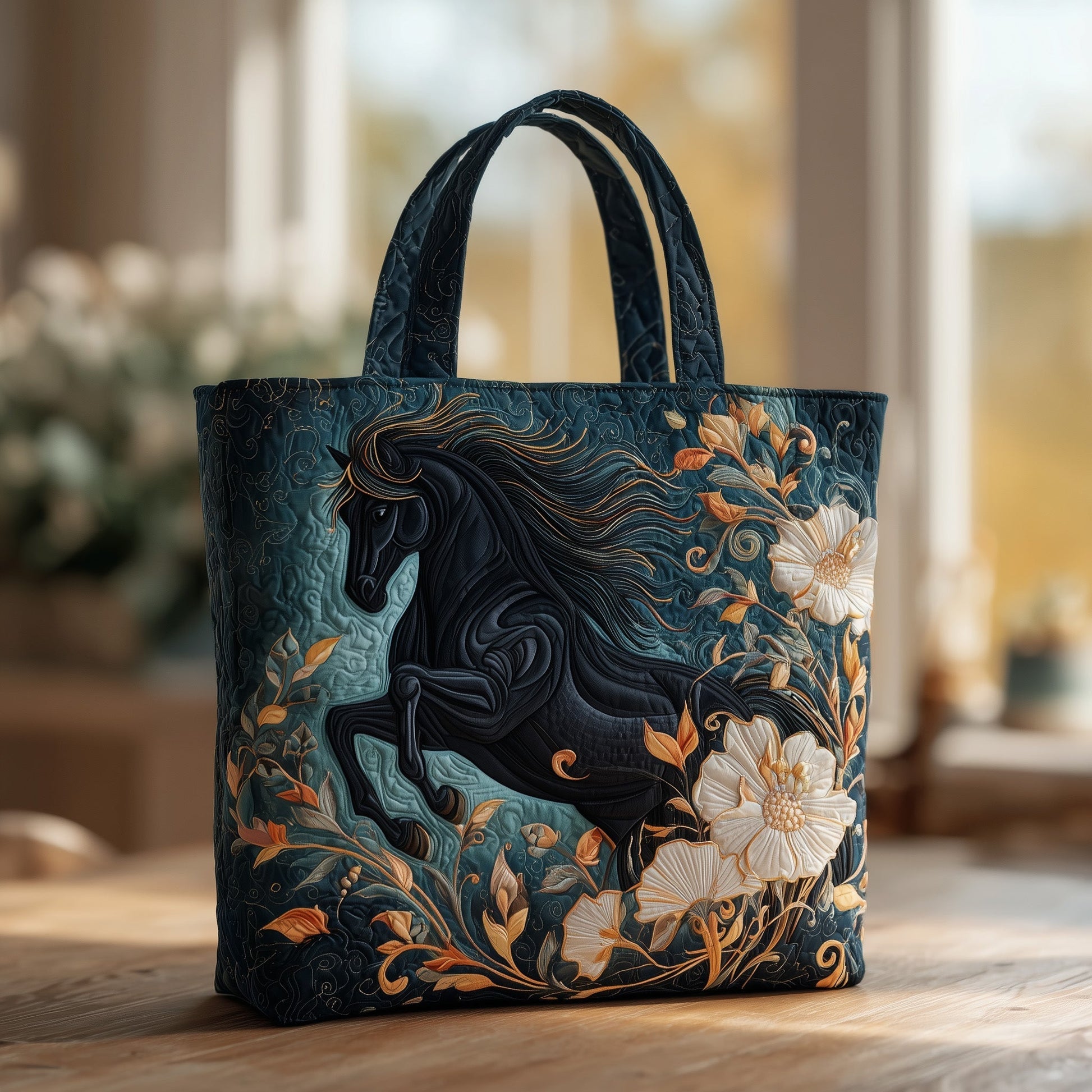 Black Horse Floral Tote Bag