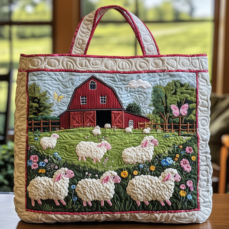 Sheep Red Barn Quilted Tote