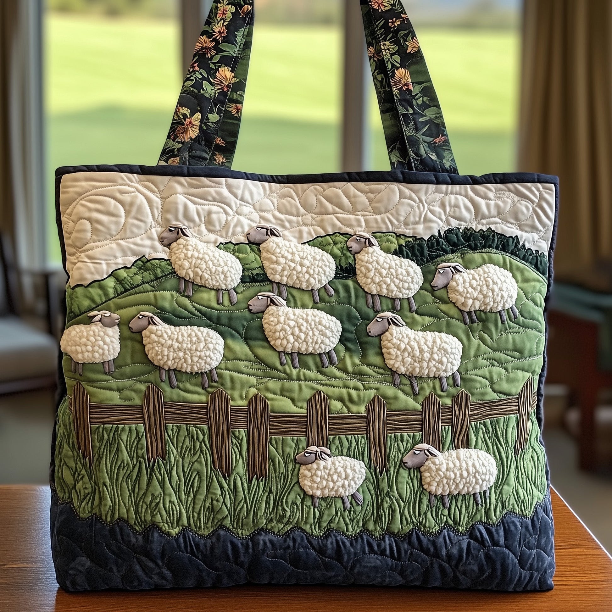 Sheep On Green Hills Quilted Tote
