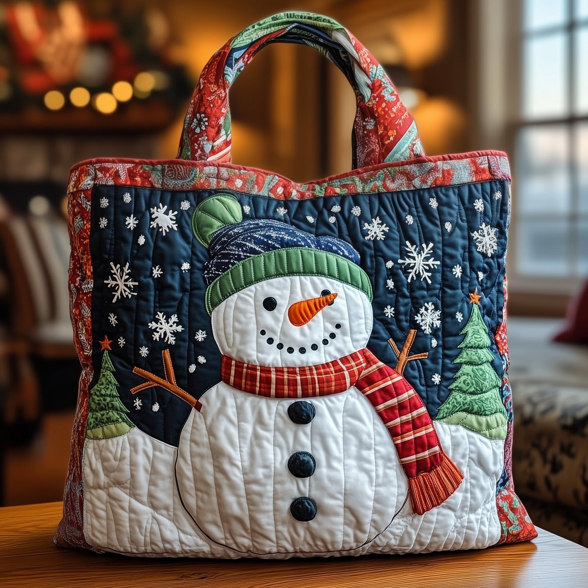 Snowman Winter Scene Quilted Tote