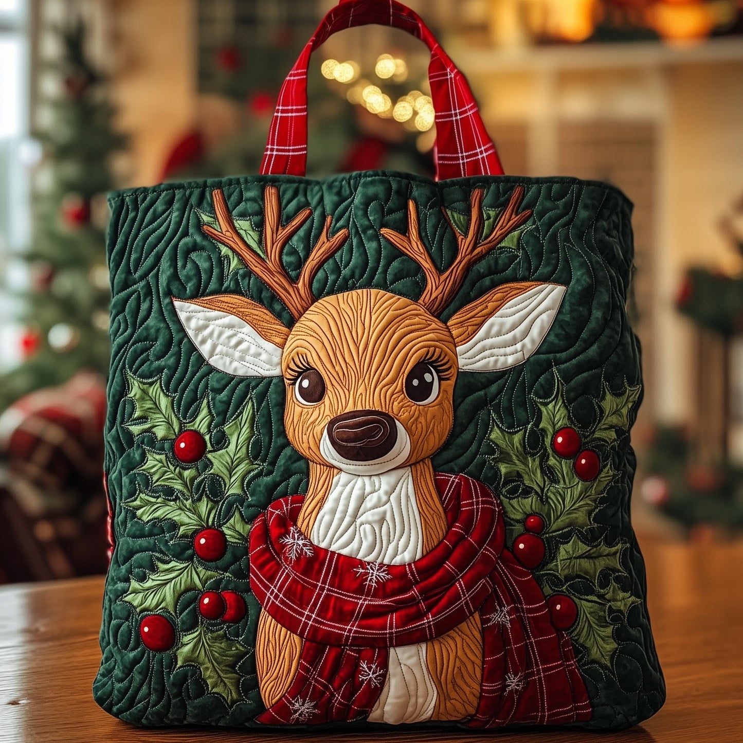 Everyday Reindeer Holly Quilted Tote