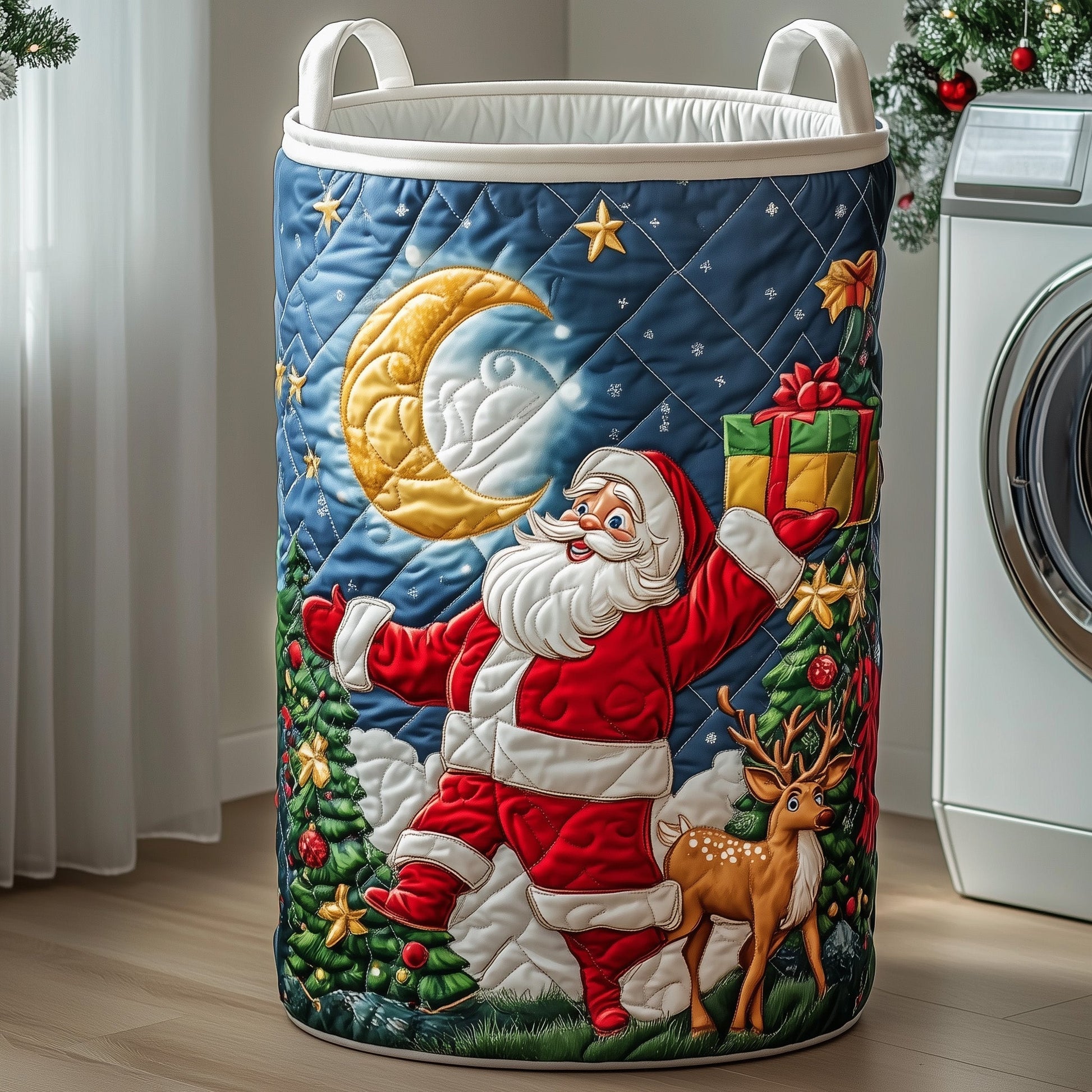 The Santa Claus And Reindeer Quilted Laundry Tote
