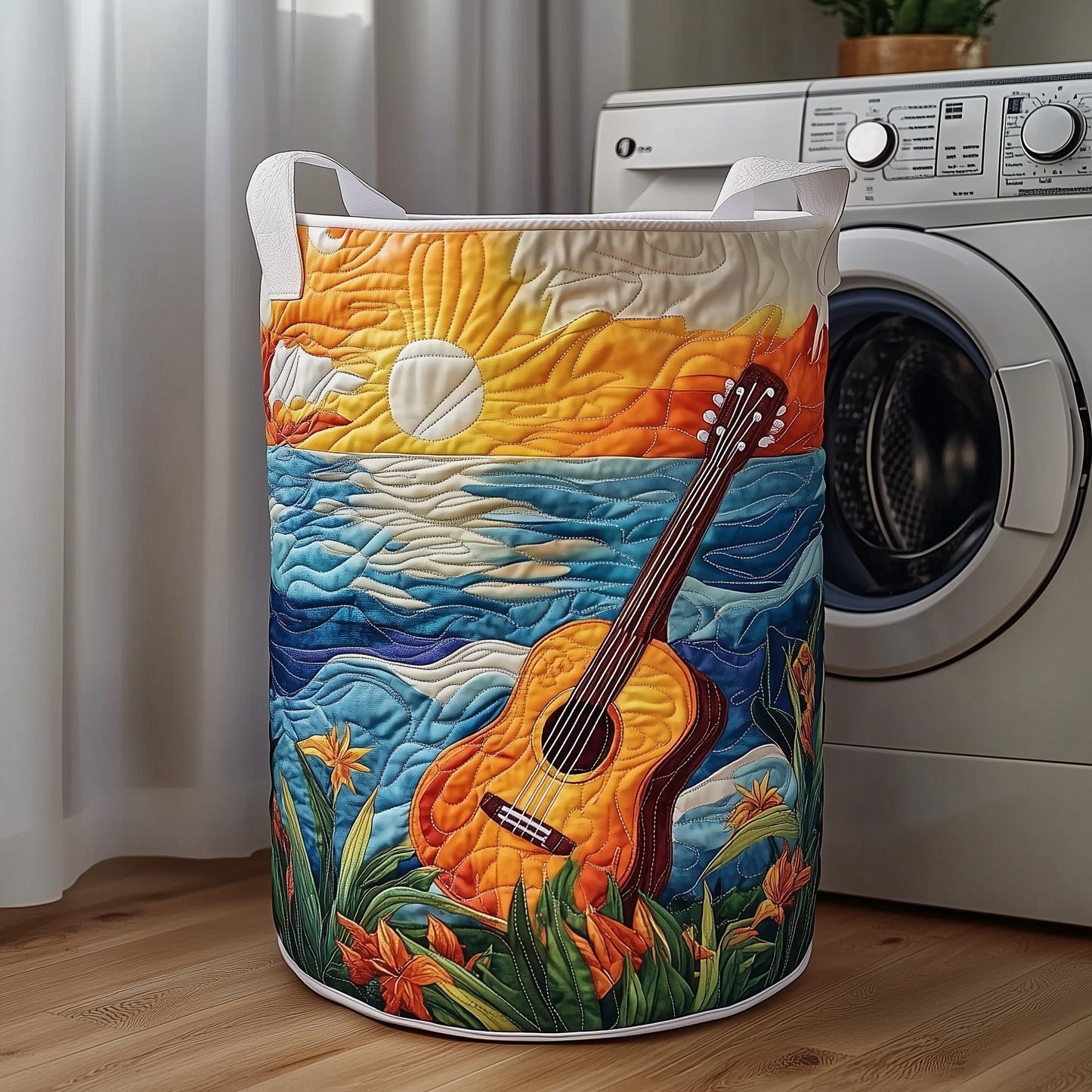 The Guitar At Sunset Quilted Laundry Basket Tote