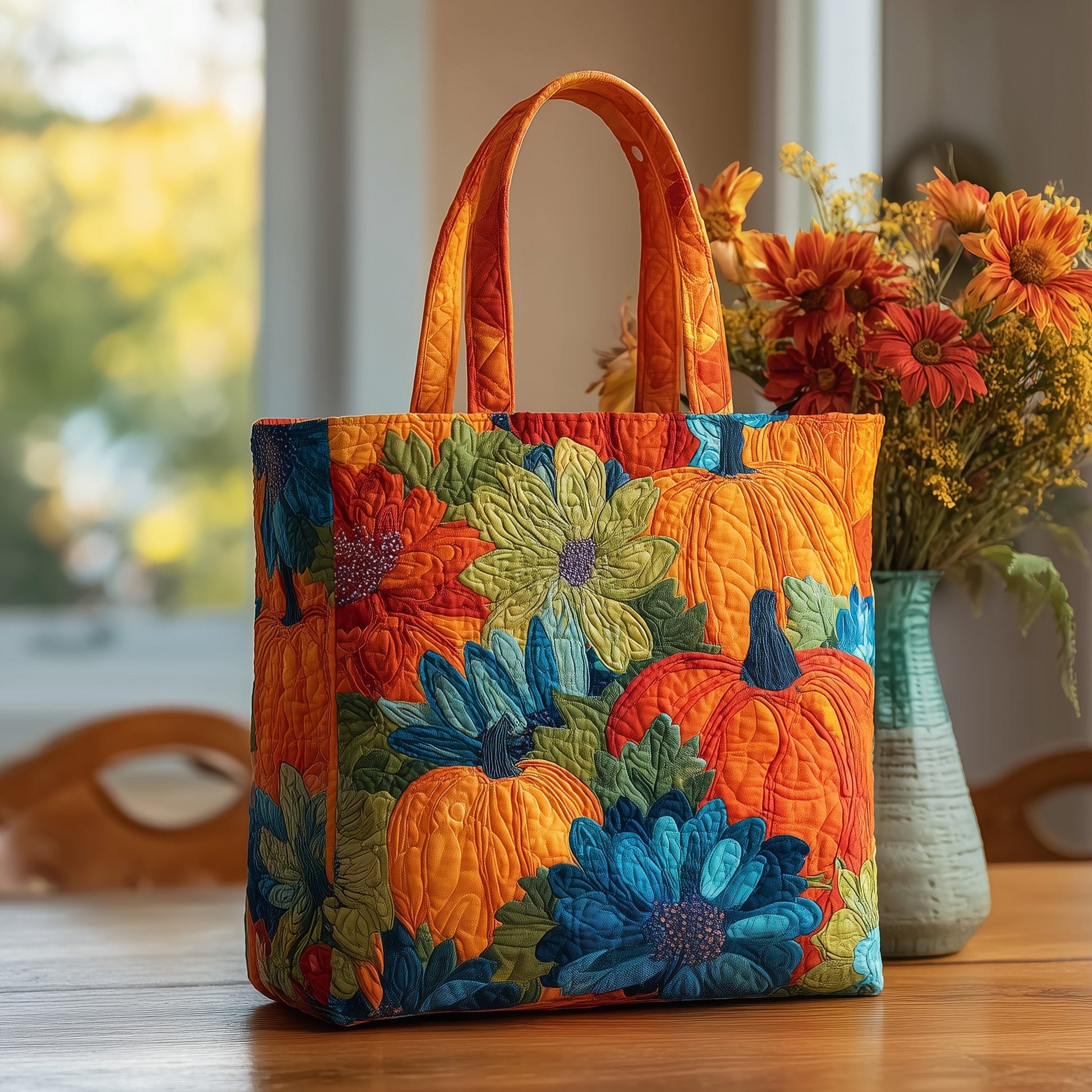 Pumpkins Fall Flowers Quilted Tote