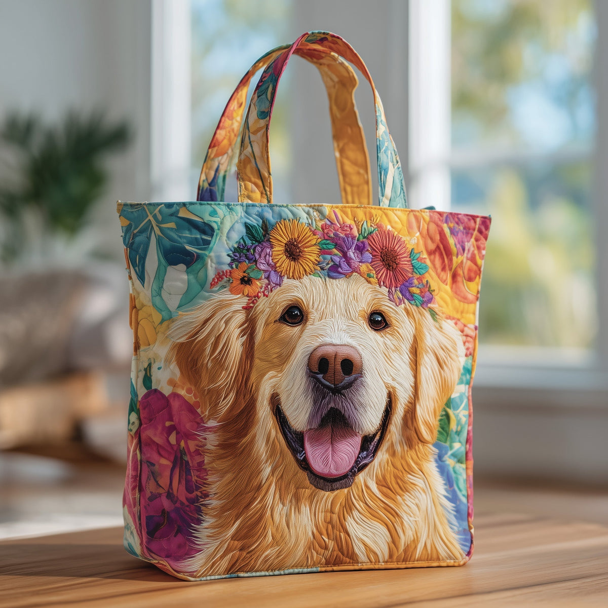 Golden Retriever Dog Portrait Quilted Tote