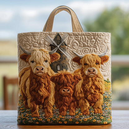 Highland Cow Farm Scene Quilted Tote
