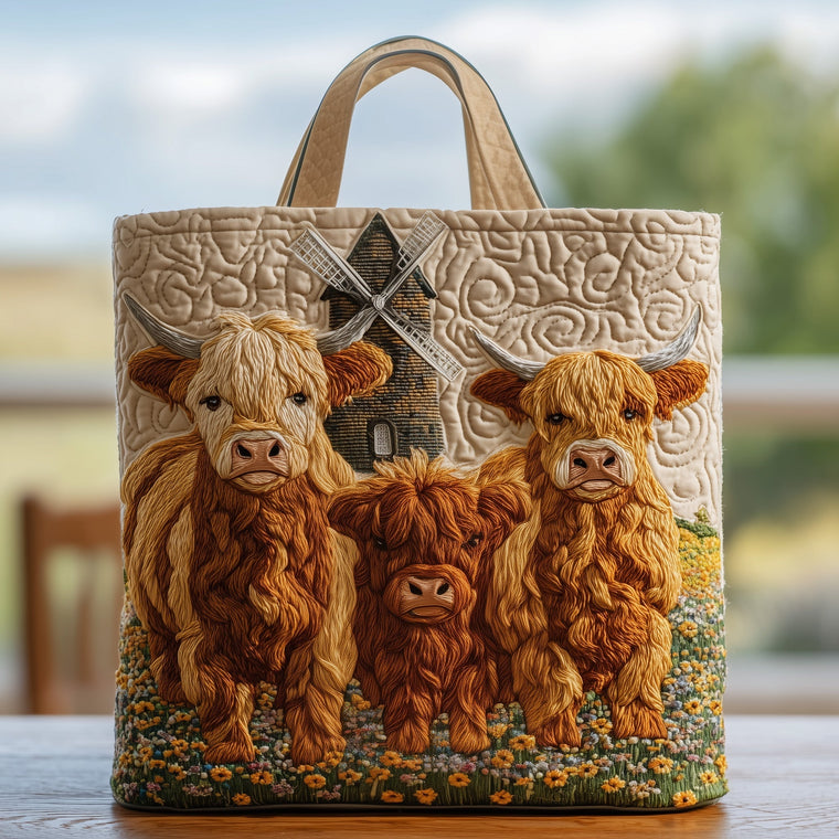 Highland Cow Farm Scene Quilted Tote