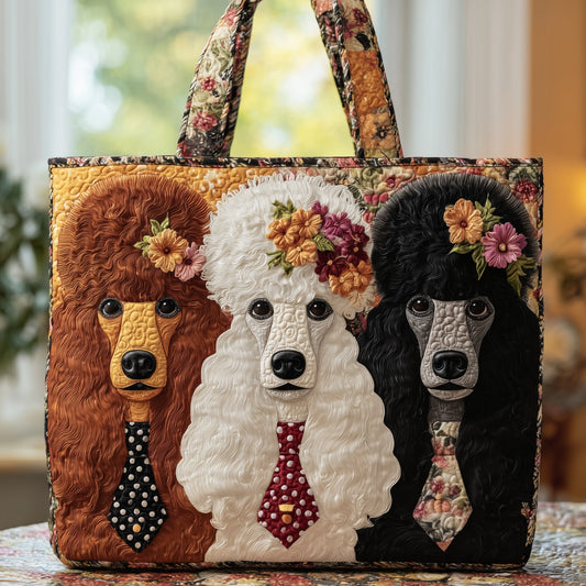 Three Floral Poodles Quilted Tote
