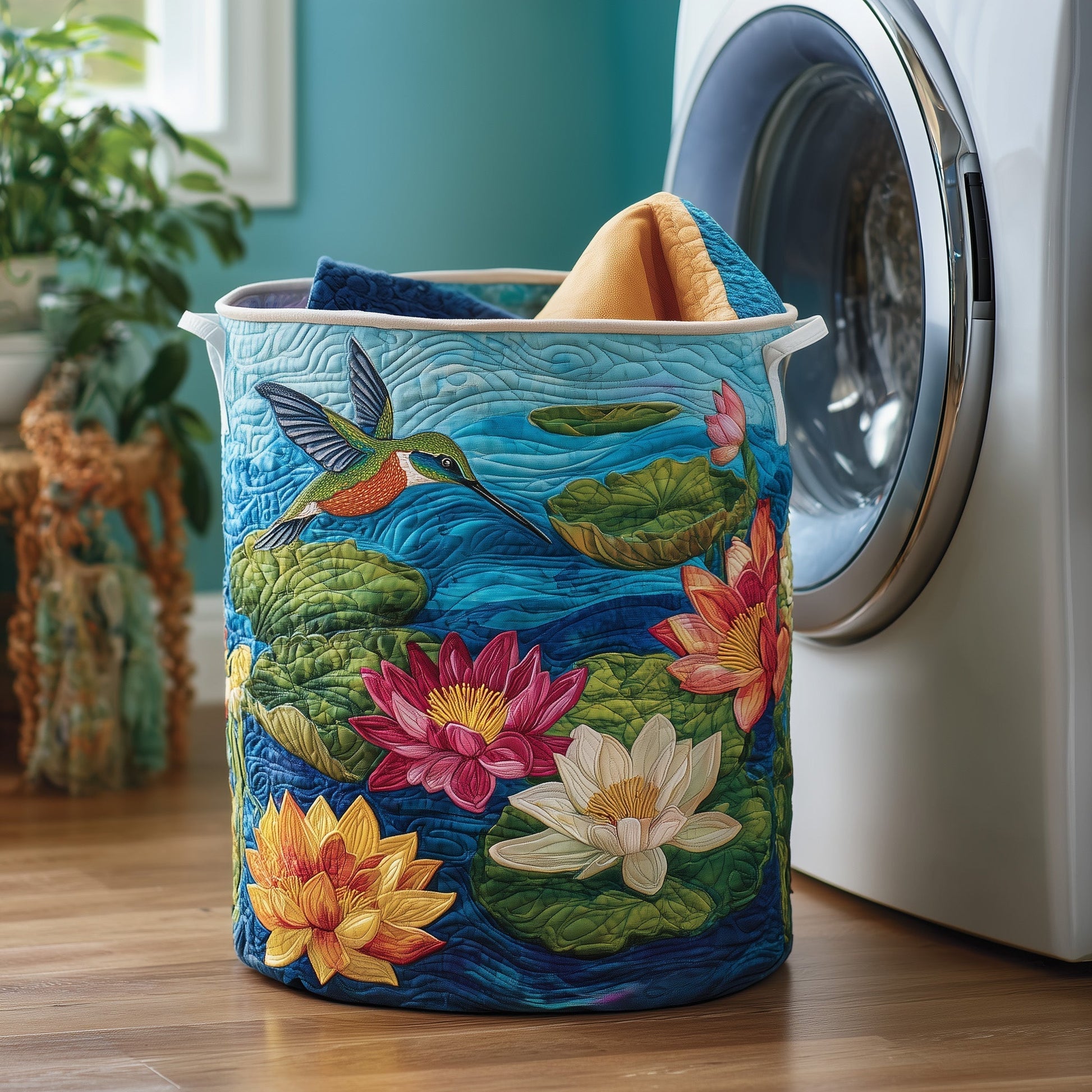 The Elegant Hummingbird Quilted Laundry Basket Tote C218