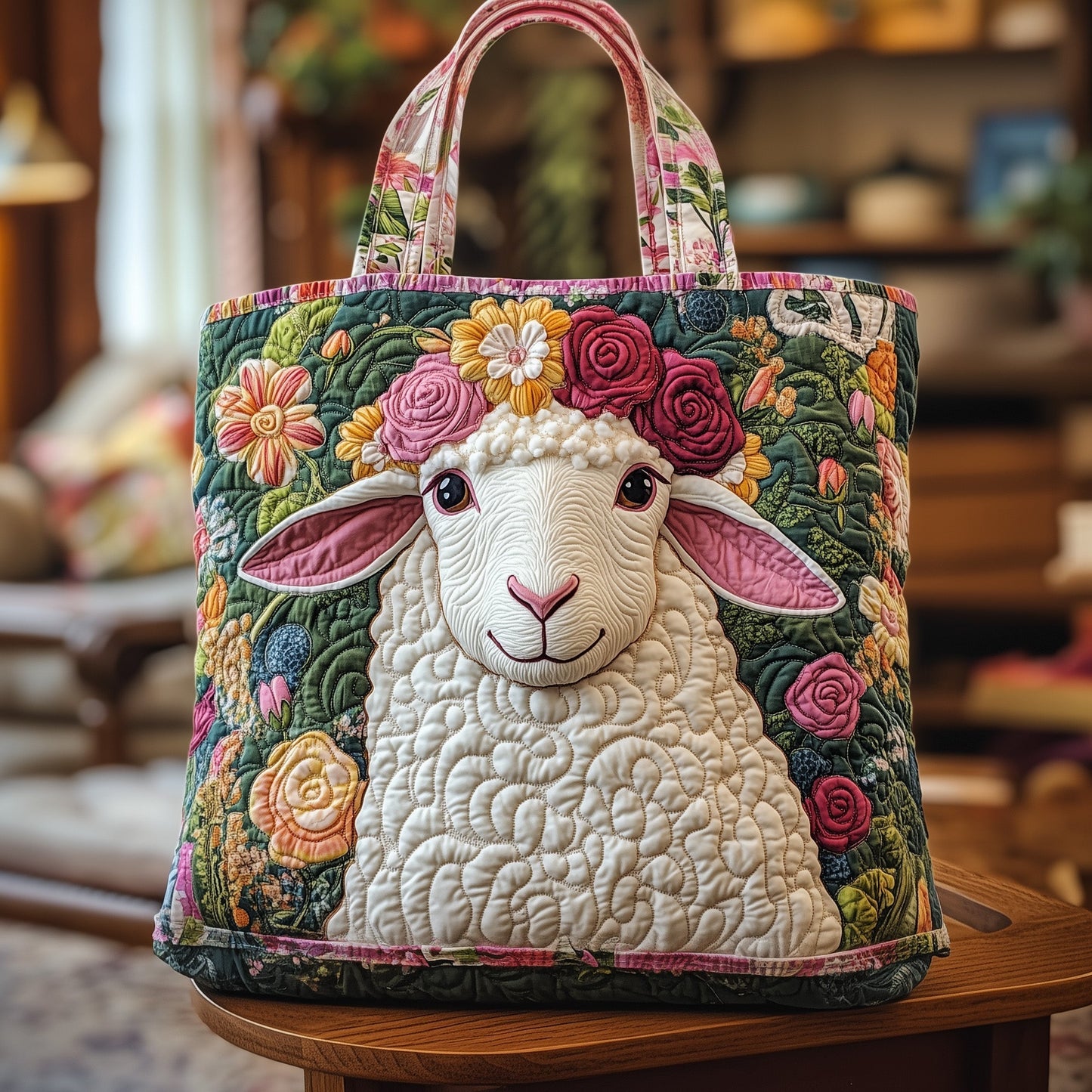 Sheep Floral Crown Quilted Tote