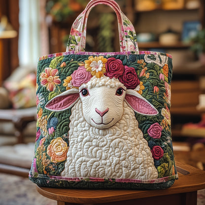 Sheep Floral Crown Quilted Tote